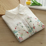 White Floral Printed Linen Fabric Top For Her
