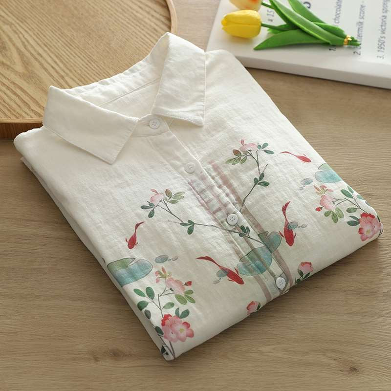 White Floral Printed Linen Fabric Top For Her
