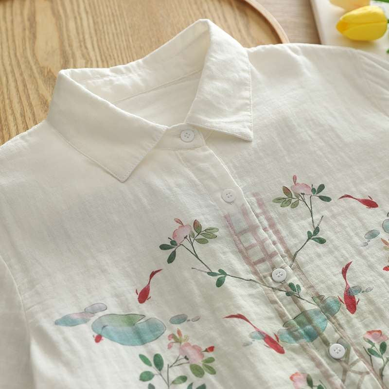White Floral Printed Linen Fabric Top For Her