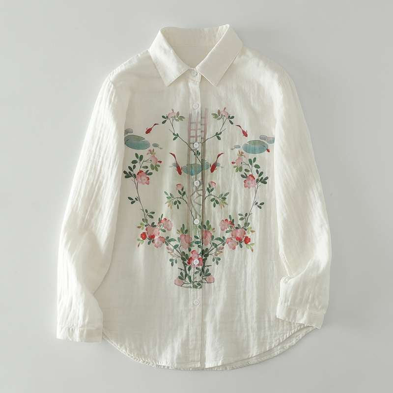 White Floral Printed Linen Fabric Top For Her