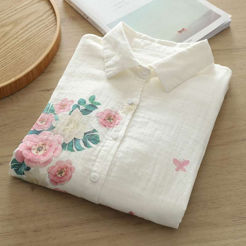 White Flora Printed Linen Fabric Top For Her