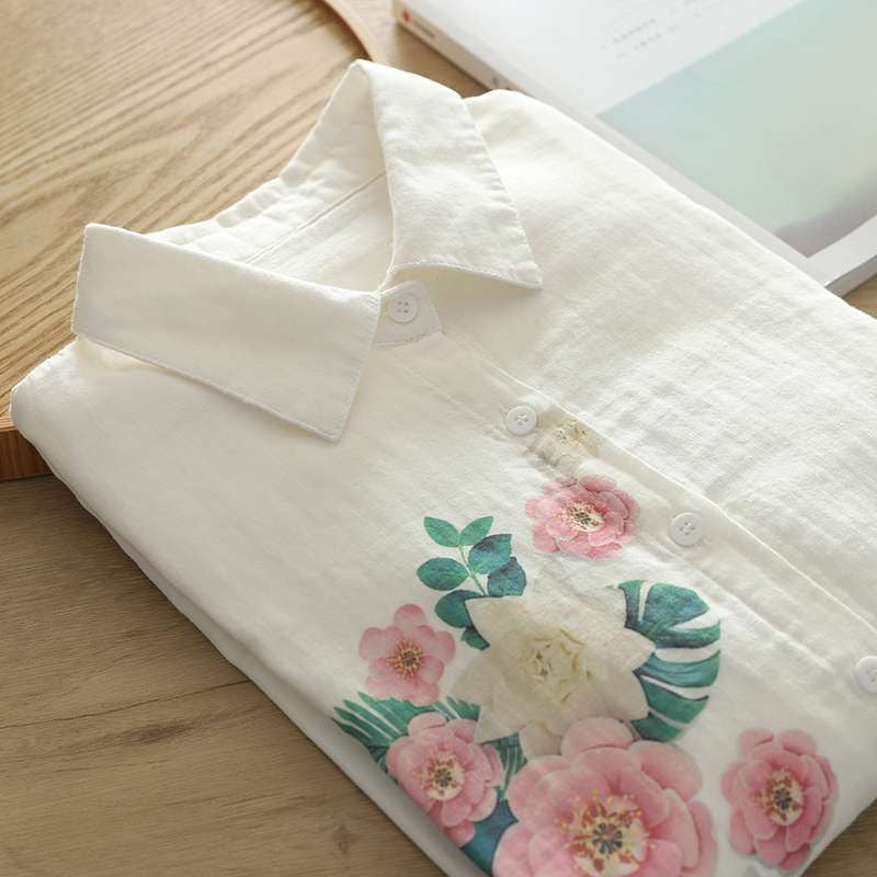 White Flora Printed Linen Fabric Top For Her