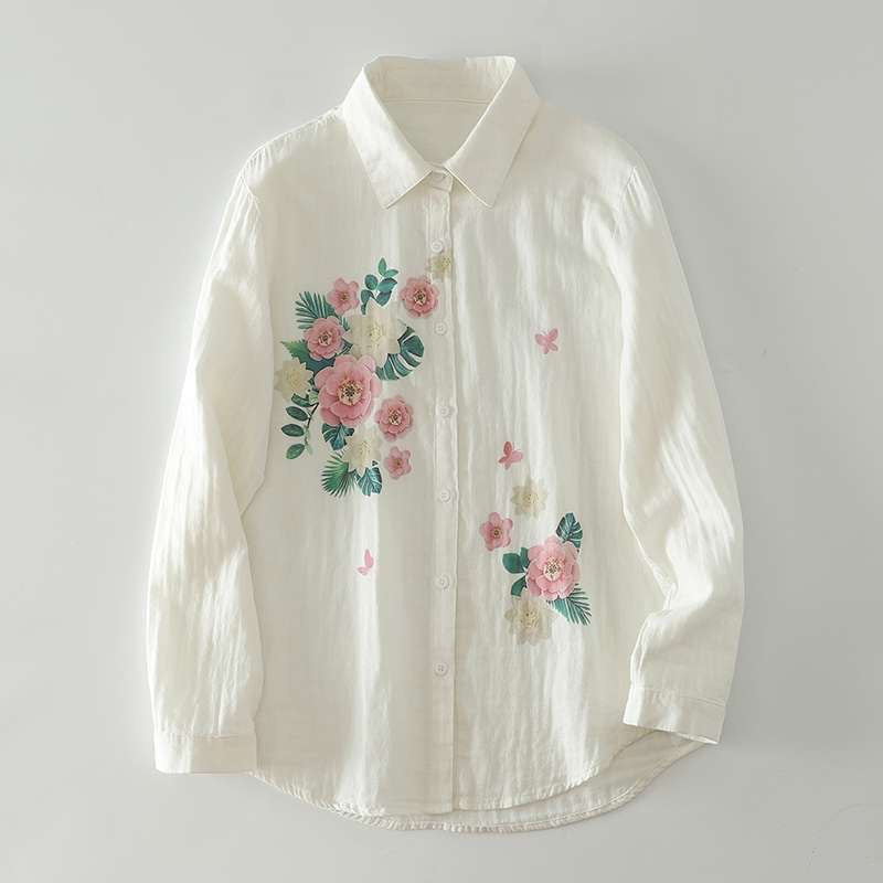 White Flora Printed Linen Fabric Top For Her