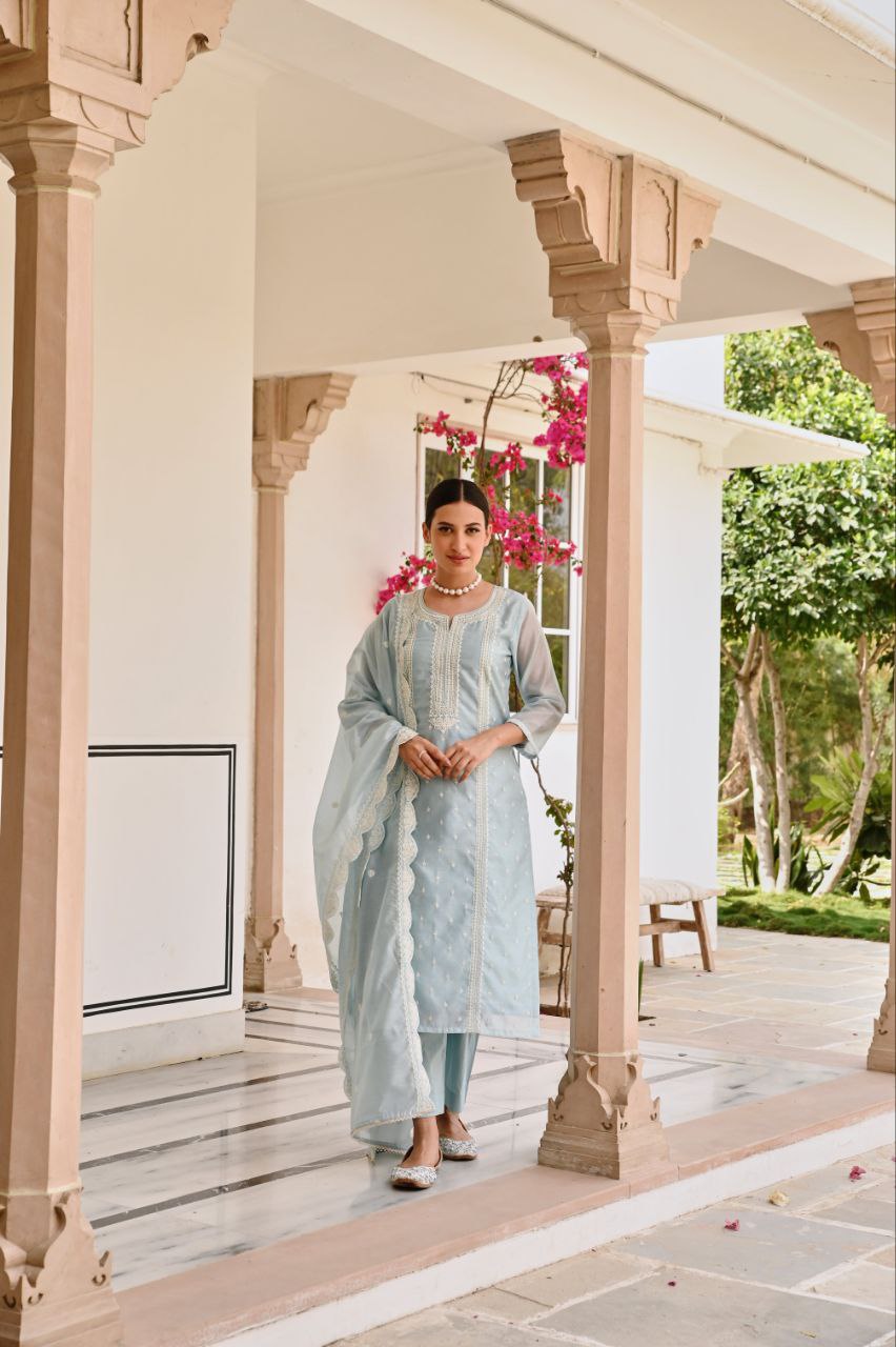 Pastel Blue Embroidered Kurta Set with Dupatta ❄️✨