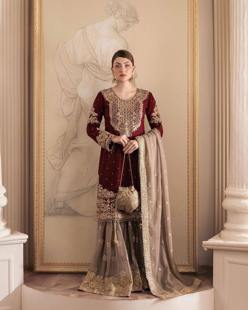 Embroidered Maroon & Taupe Sharara Set – Luxury Formal Wear