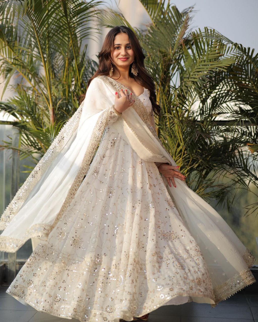 Elegant White Embroidered Anarkali with Dupatta