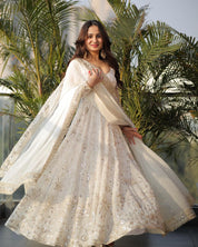 Elegant White Embroidered Anarkali with Dupatta