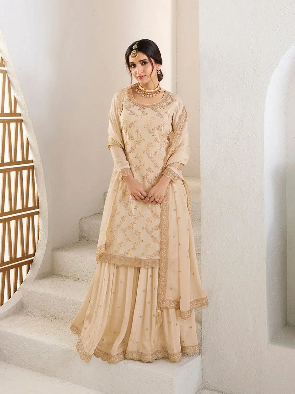 ✨ Elegant Champagne Gold Embroidered Sharara Set