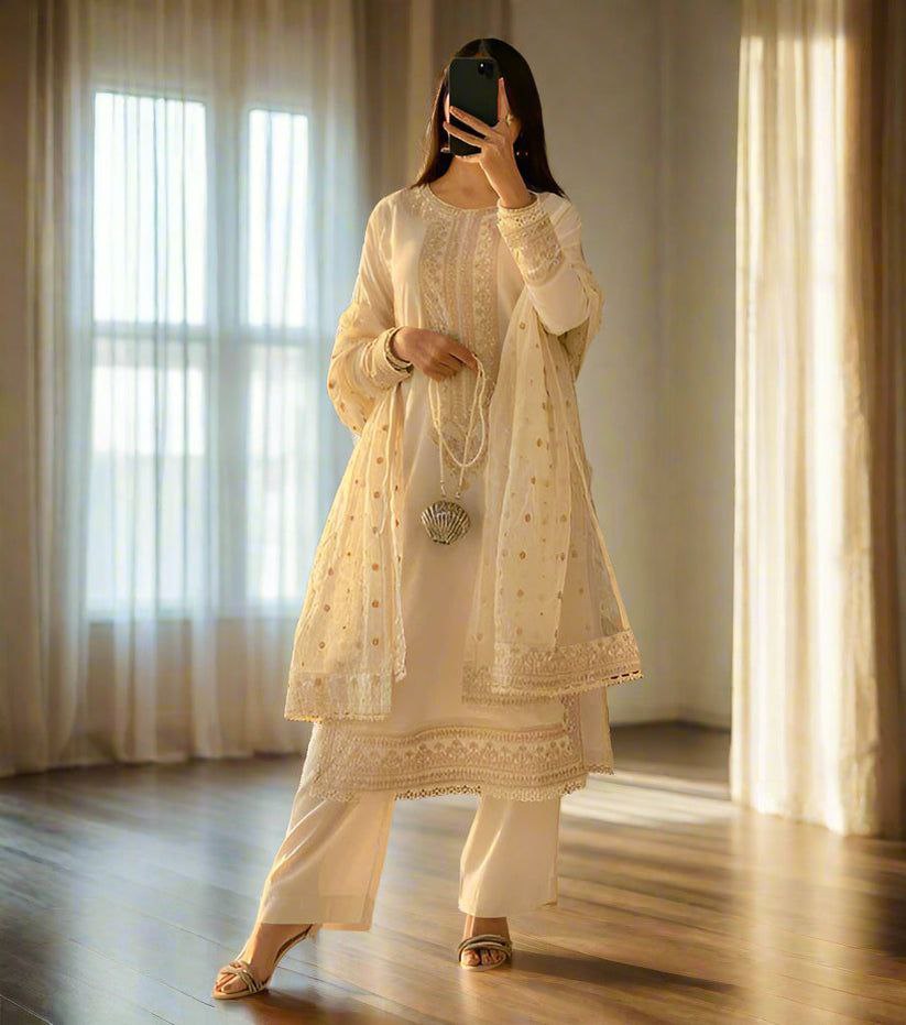 Ivory Embroidered Kurta Set with Dupatta 🤍