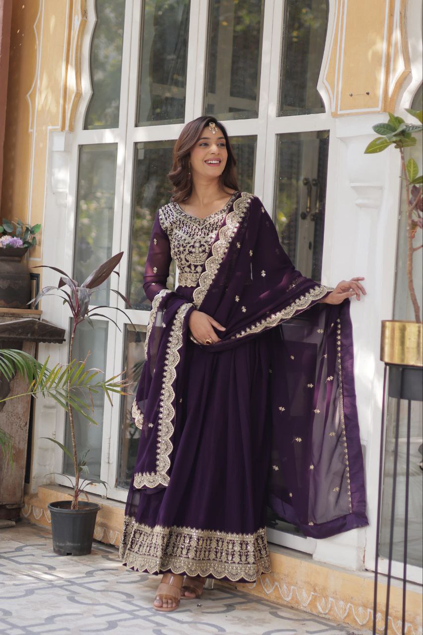 Regal Embroidered Anarkali Set with Dupatta – Purple & Navy Blue