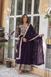Regal Embroidered Anarkali Set with Dupatta – Purple & Navy Blue