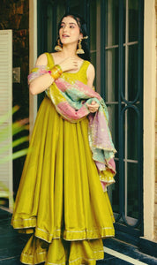 Lime Mustard Flared Anarkali Set with Contrast Dupatta