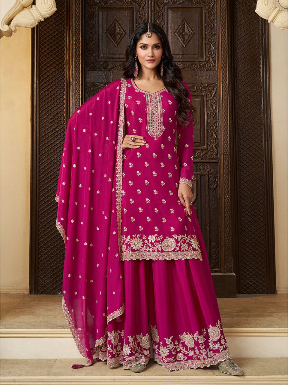 🌸 Royal Fuchsia Embroidered Sharara Suit Set