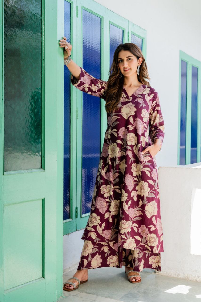 Plum Petals Wine Floral Layered Co-ord Set 🌺✨