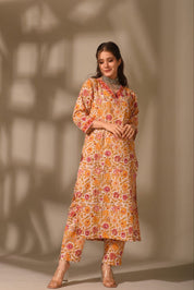 Sunset Bloom Handblock Kurta Set 🧡🌸