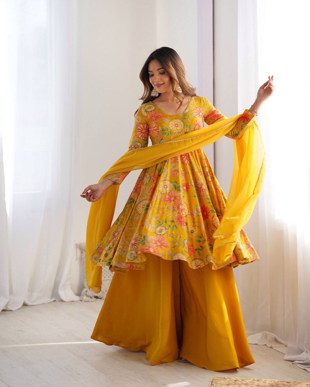 Sunshine Yellow Floral Anarkali Set with Palazzo ☀️🌸