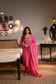 🌸 Elegant Pink Embroidered Kurta Set – Palazzo & Dupatta