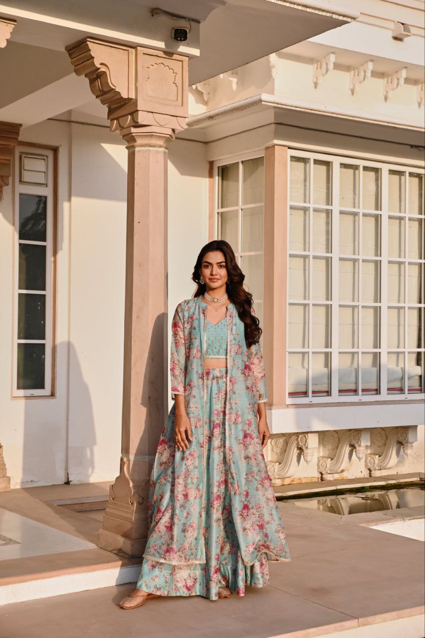 Floral Festive Lehenga Set – Aqua Blue & Mustard Yellow 🌸🌼