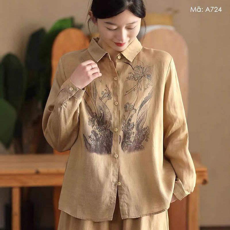 Elegant Beige Botanical Print Linen Shirt 🌿✨