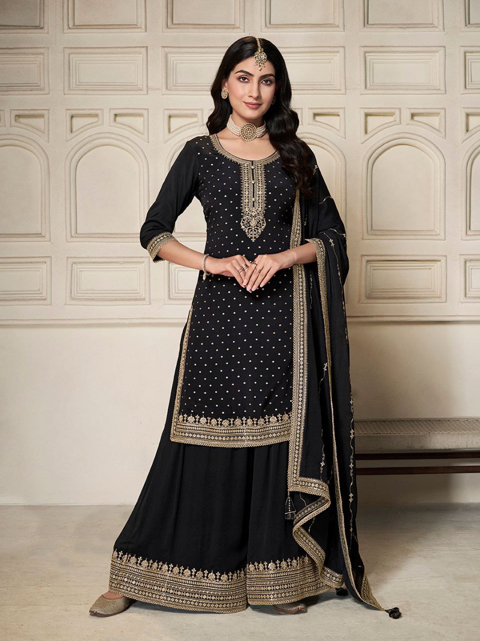 🖤 Midnight Elegance Black Embroidered Sharara Set