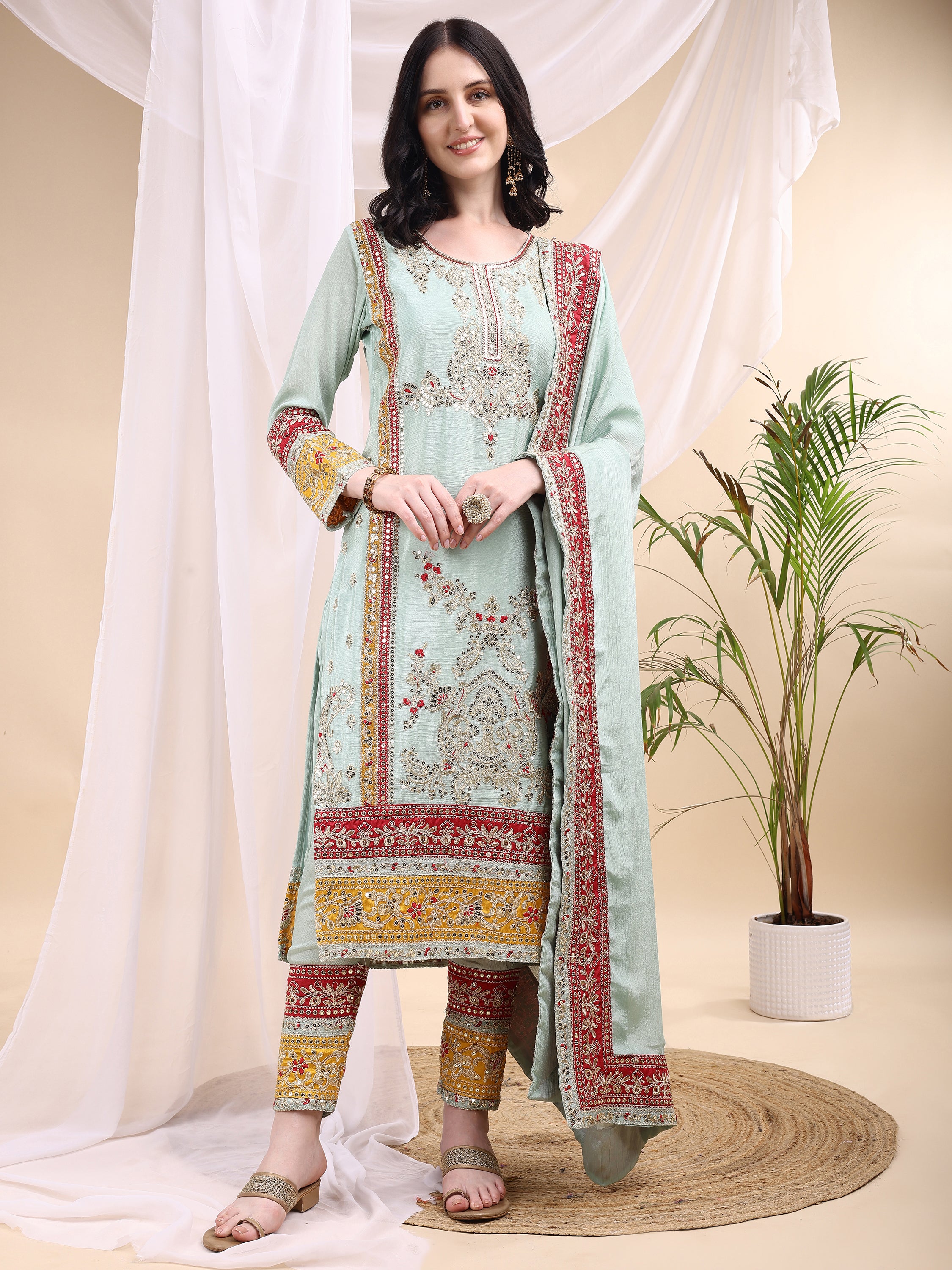 Mint Green Elegance – Embroidered Suit Set with Dupatta