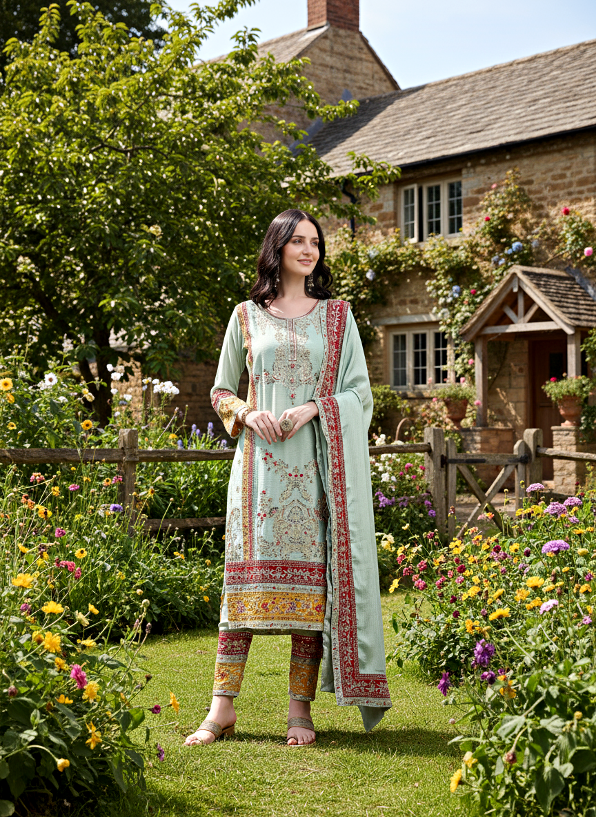 Mint Green Elegance – Embroidered Suit Set with Dupatta