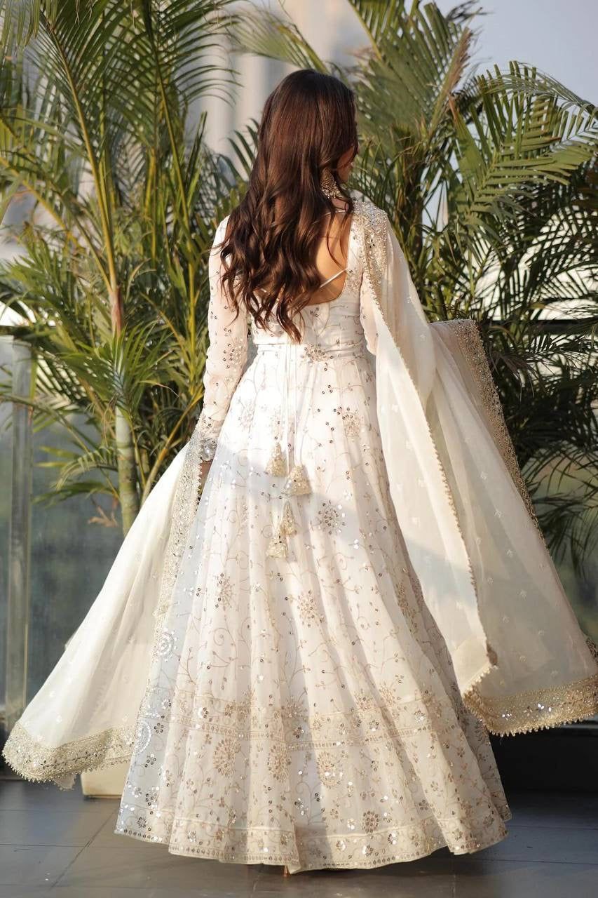 Elegant White Embroidered Anarkali with Dupatta