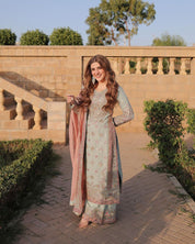 Pastel Green Embroidered Suit with Blush Peach Dupatta 🌸