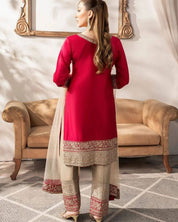 ❤️ Regal Ruby Red & Champagne Embroidered Suit Set