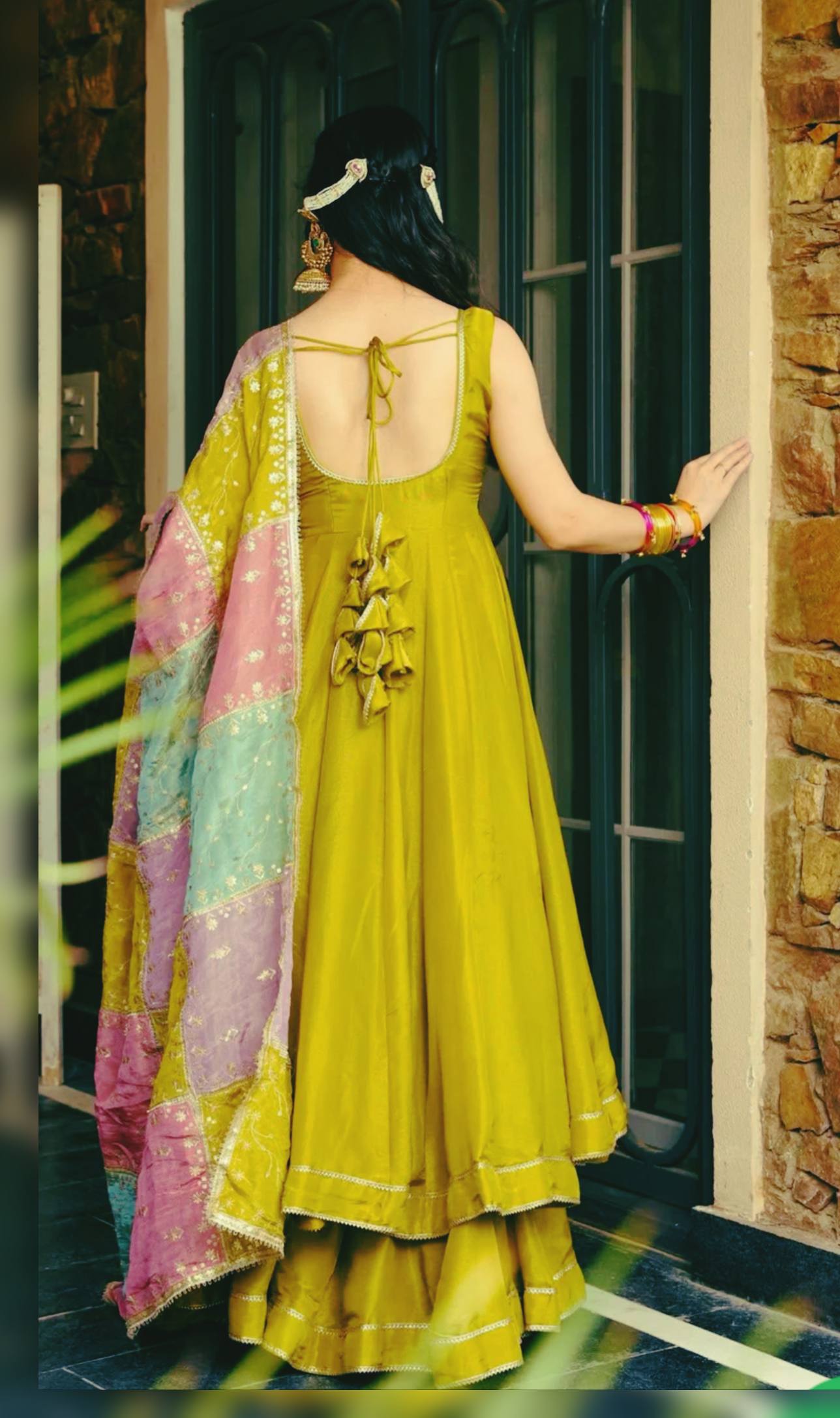 Lime Mustard Flared Anarkali Set with Contrast Dupatta