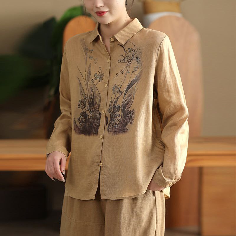 Elegant Beige Botanical Print Linen Shirt 🌿✨