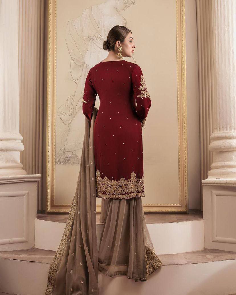 Embroidered Maroon & Taupe Sharara Set – Luxury Formal Wear