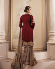 Embroidered Maroon & Taupe Sharara Set – Luxury Formal Wear