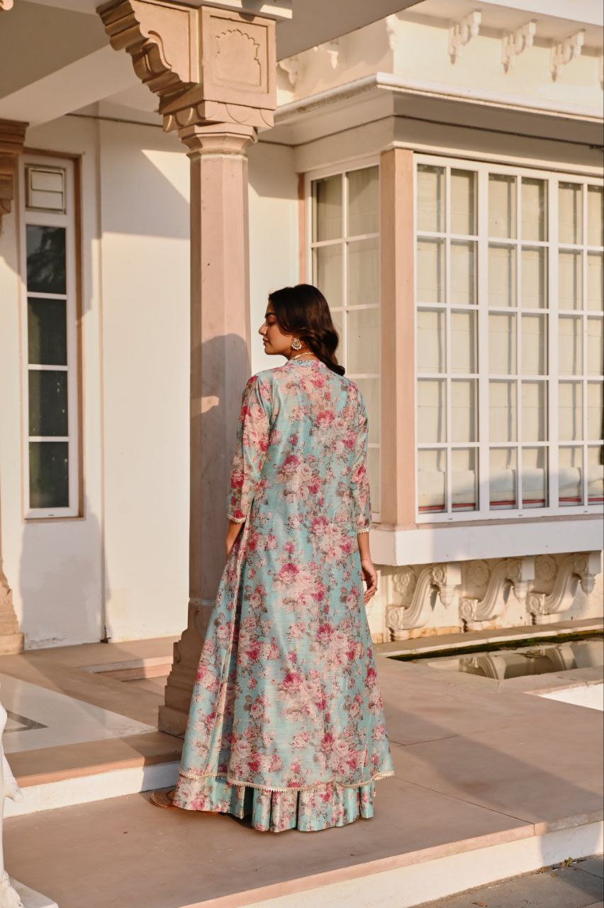 Floral Festive Lehenga Set – Aqua Blue & Mustard Yellow 🌸🌼