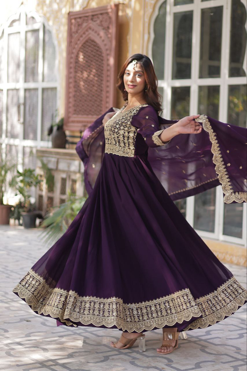 Regal Embroidered Anarkali Set with Dupatta – Purple & Navy Blue