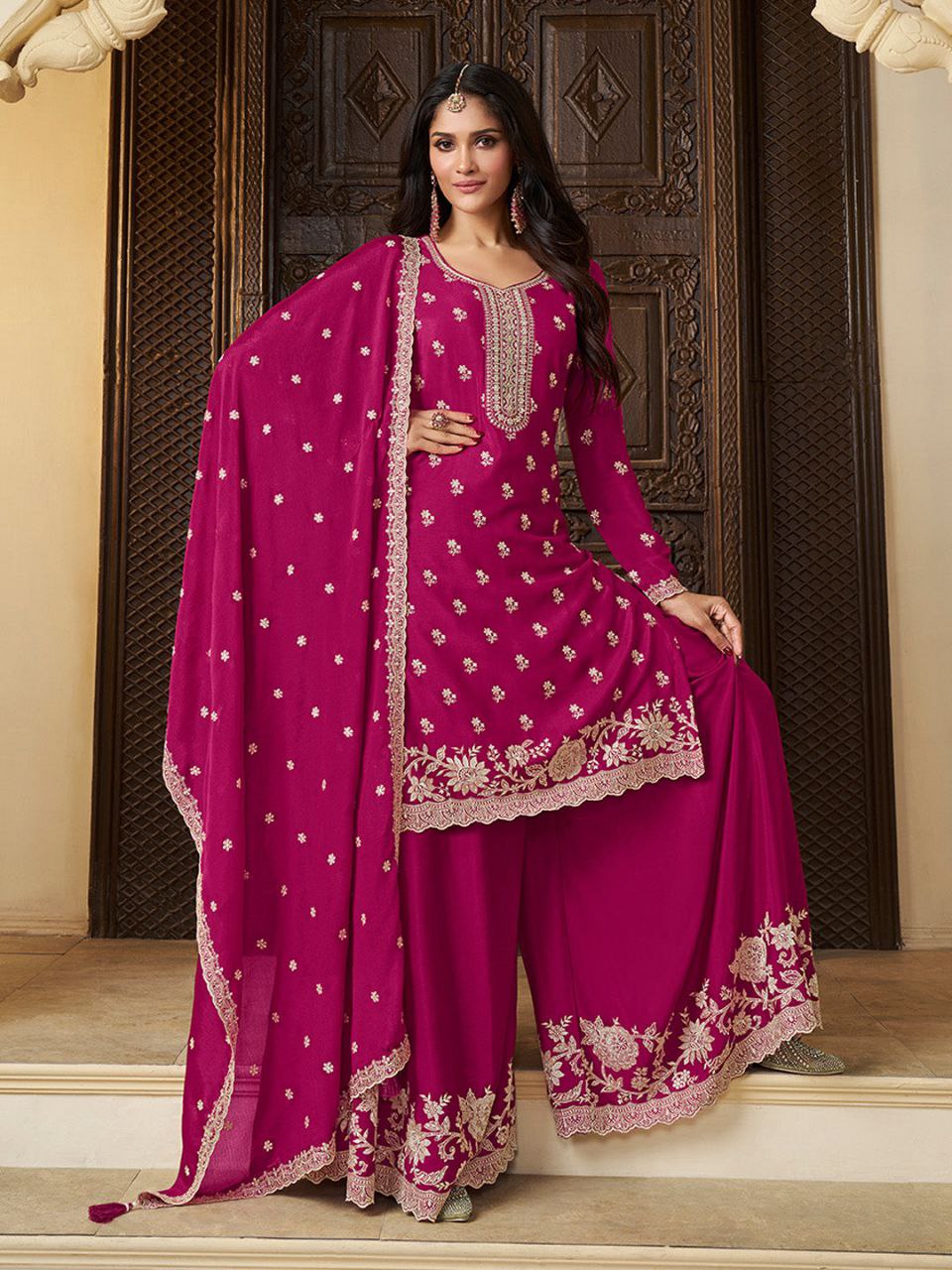 🌸 Royal Fuchsia Embroidered Sharara Suit Set