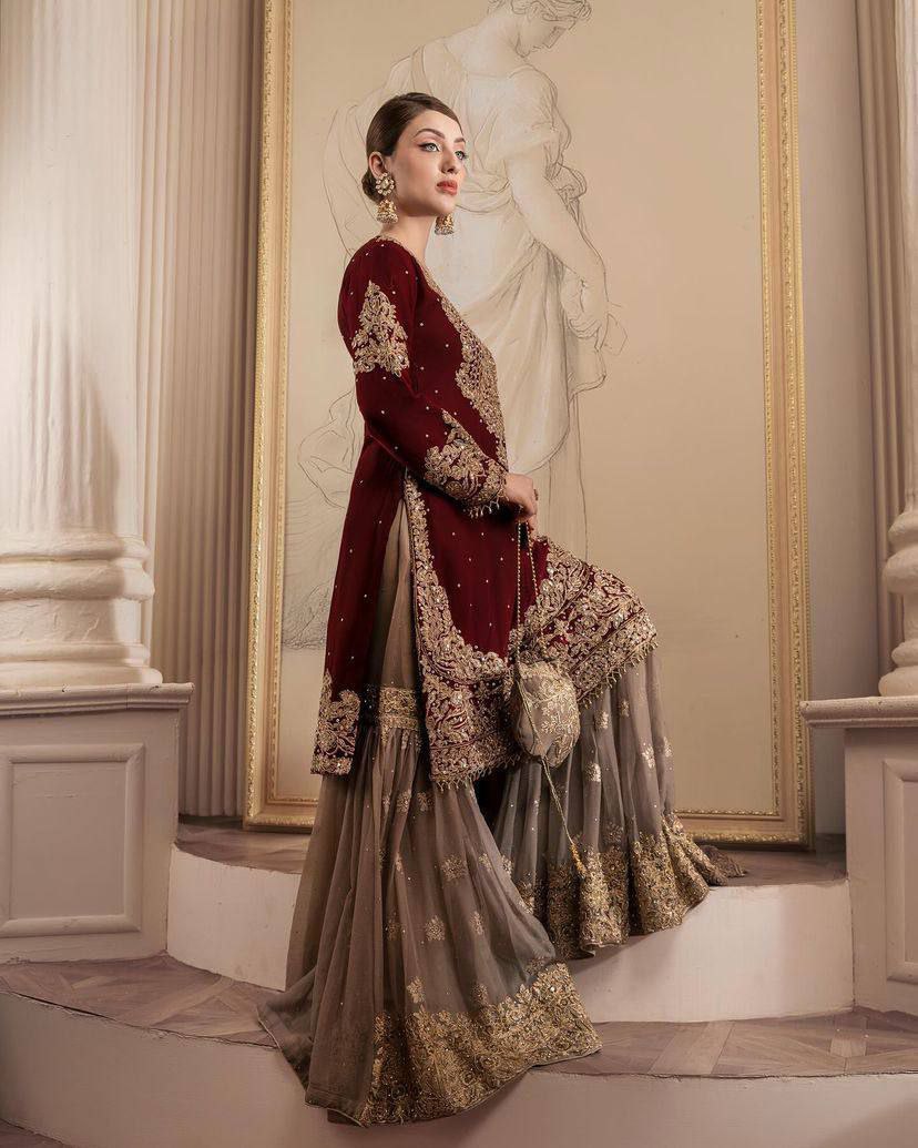 Embroidered Maroon & Taupe Sharara Set – Luxury Formal Wear