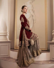 Embroidered Maroon & Taupe Sharara Set – Luxury Formal Wear