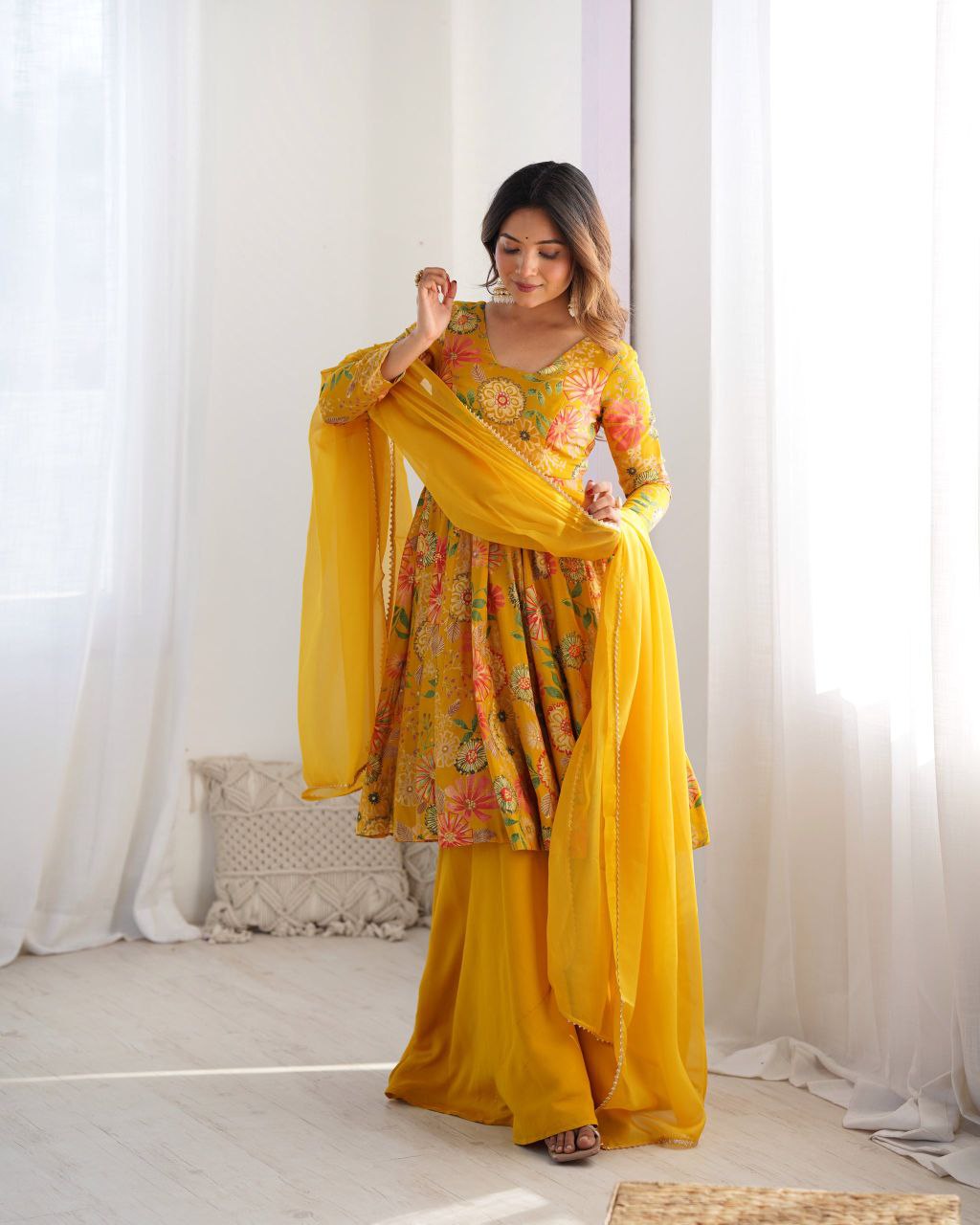 Sunshine Yellow Floral Anarkali Set with Palazzo ☀️🌸