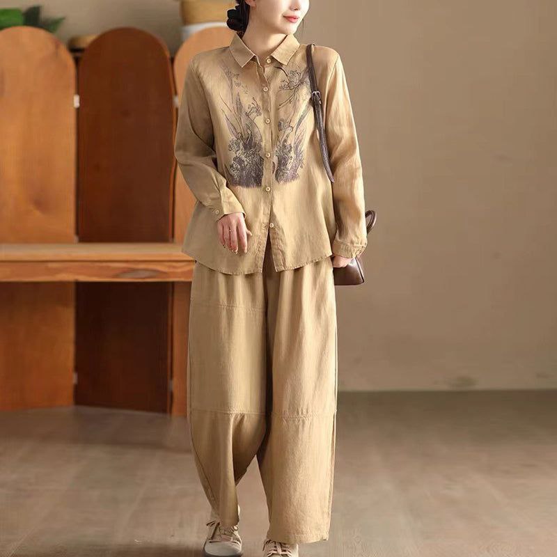 Elegant Beige Botanical Print Linen Shirt 🌿✨