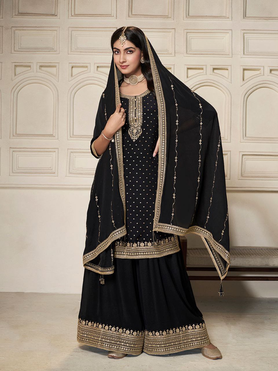 🖤 Midnight Elegance Black Embroidered Sharara Set