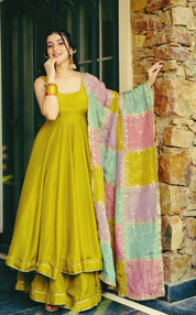 Lime Mustard Flared Anarkali Set with Contrast Dupatta