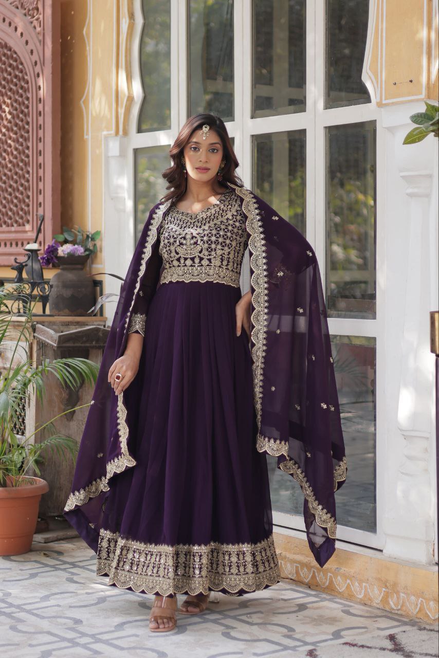 Regal Embroidered Anarkali Set with Dupatta – Purple & Navy Blue