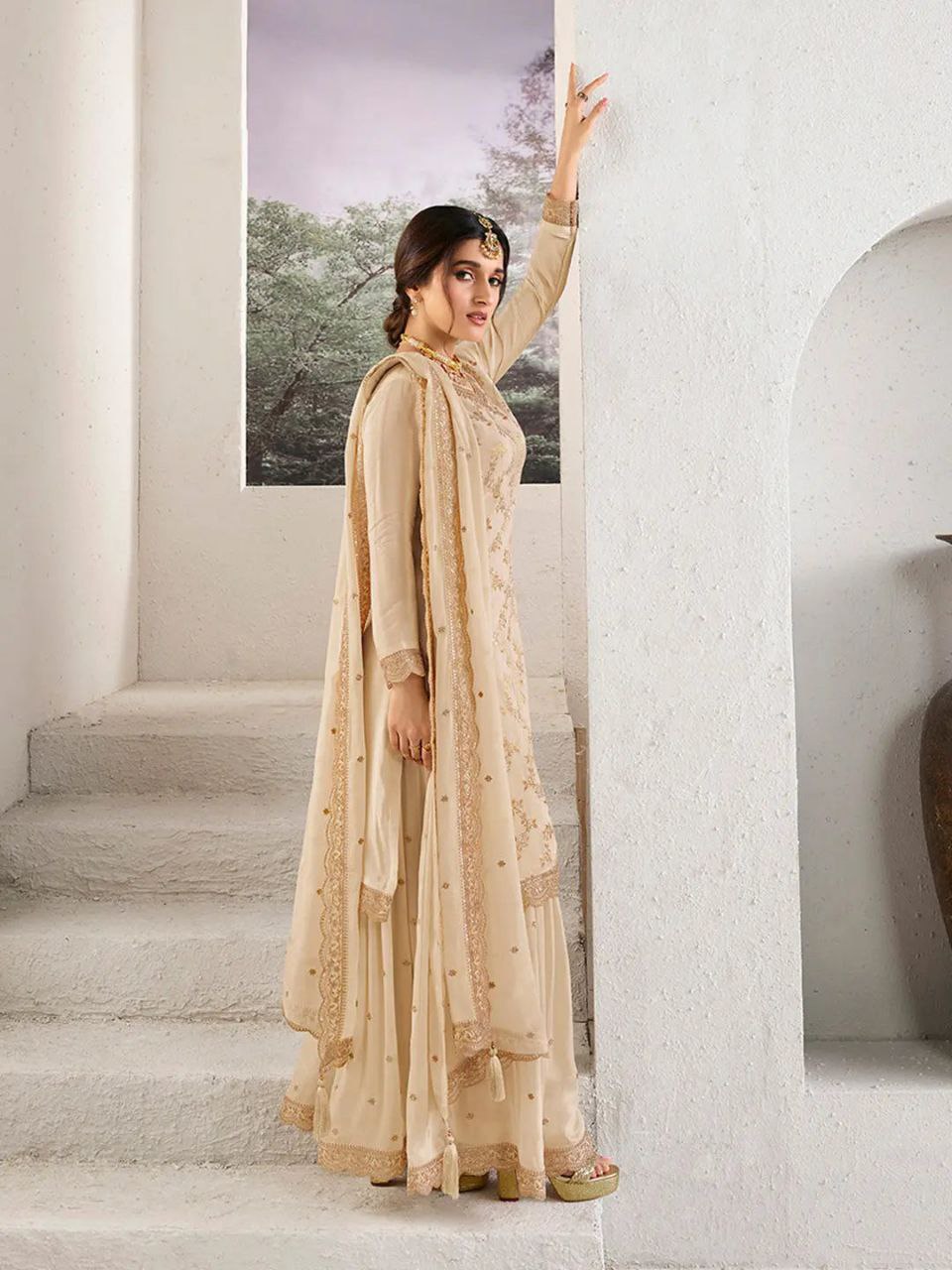 ✨ Elegant Champagne Gold Embroidered Sharara Set