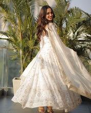 Elegant White Embroidered Anarkali with Dupatta