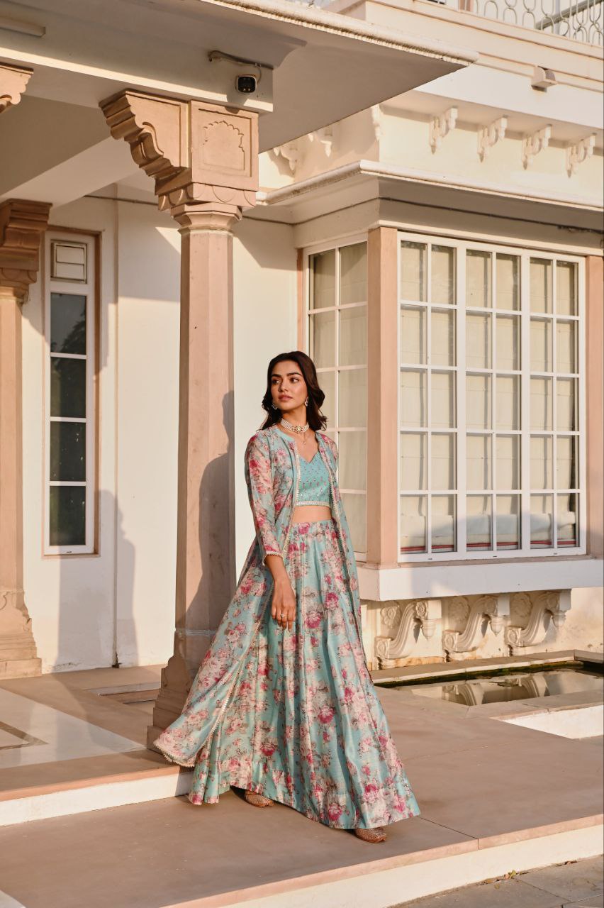 Floral Festive Lehenga Set – Aqua Blue & Mustard Yellow 🌸🌼