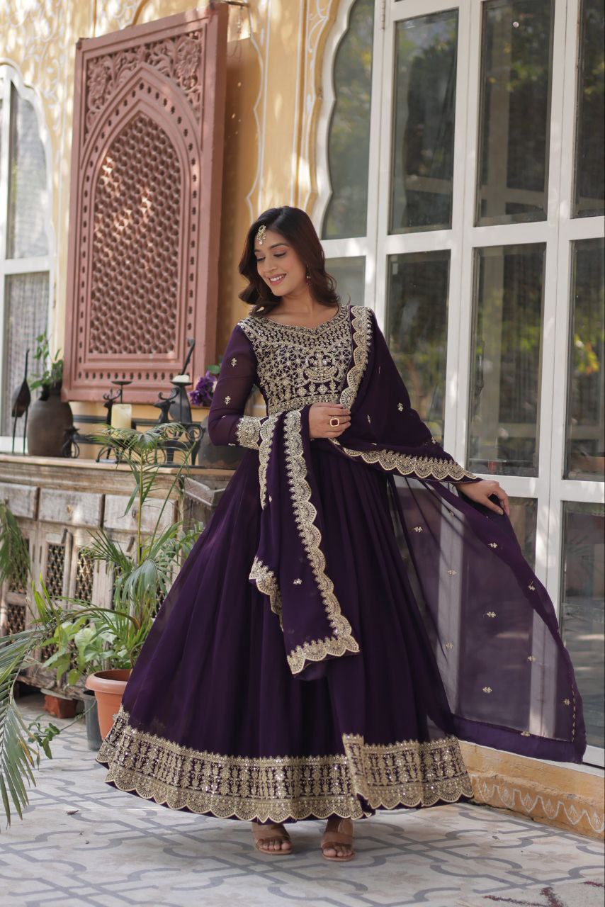 Regal Embroidered Anarkali Set with Dupatta – Purple & Navy Blue