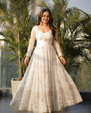 Elegant White Embroidered Anarkali with Dupatta