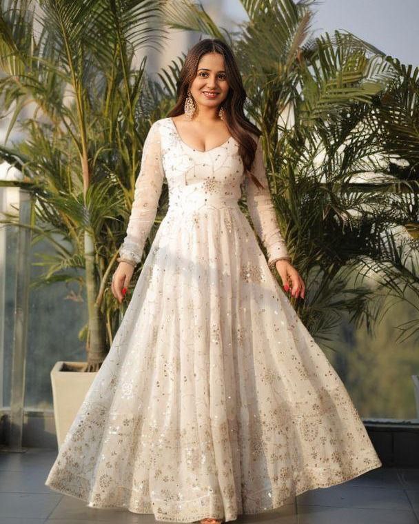 Elegant White Embroidered Anarkali with Dupatta