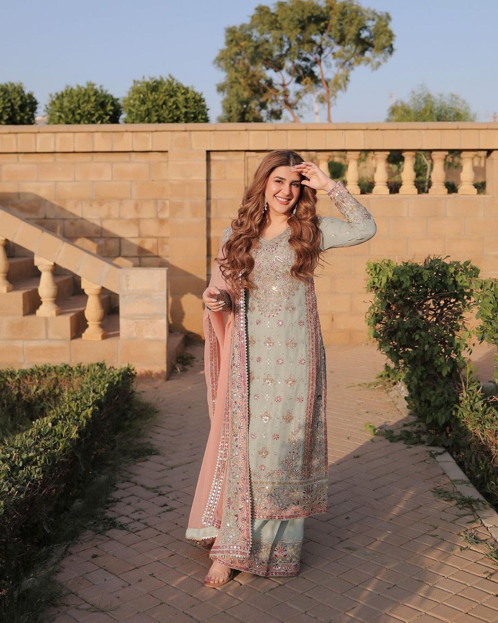 Pastel Green Embroidered Suit with Blush Peach Dupatta 🌸